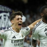 Antonio Rudiger (à droite) célèbre son but avec Arda Guler. KEYSTONE/EPA/JUANJO MARTIN